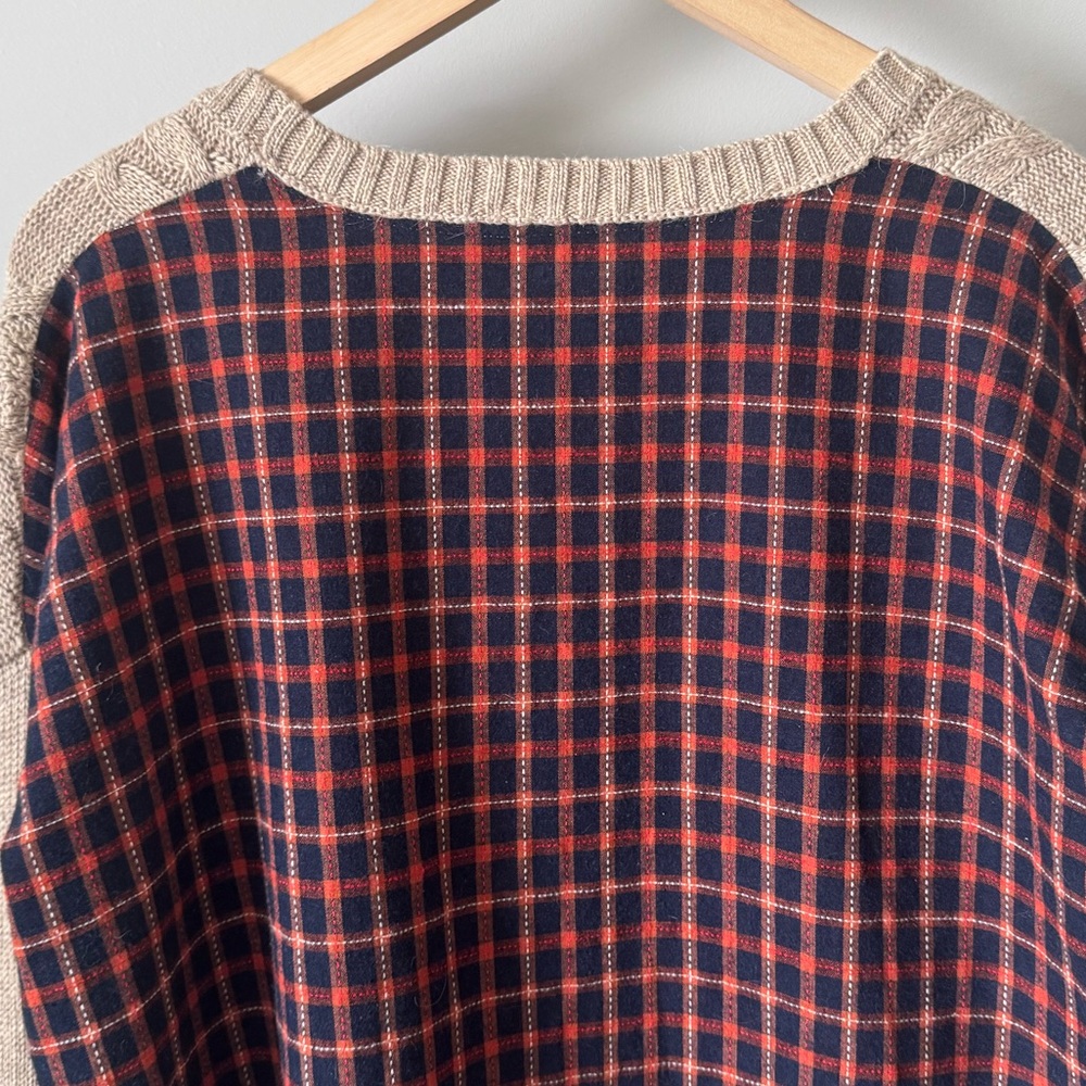 Mystree Cable Knit Sweater Flannel Plaid Back Beige Rust Large - Picture 6 of 10
